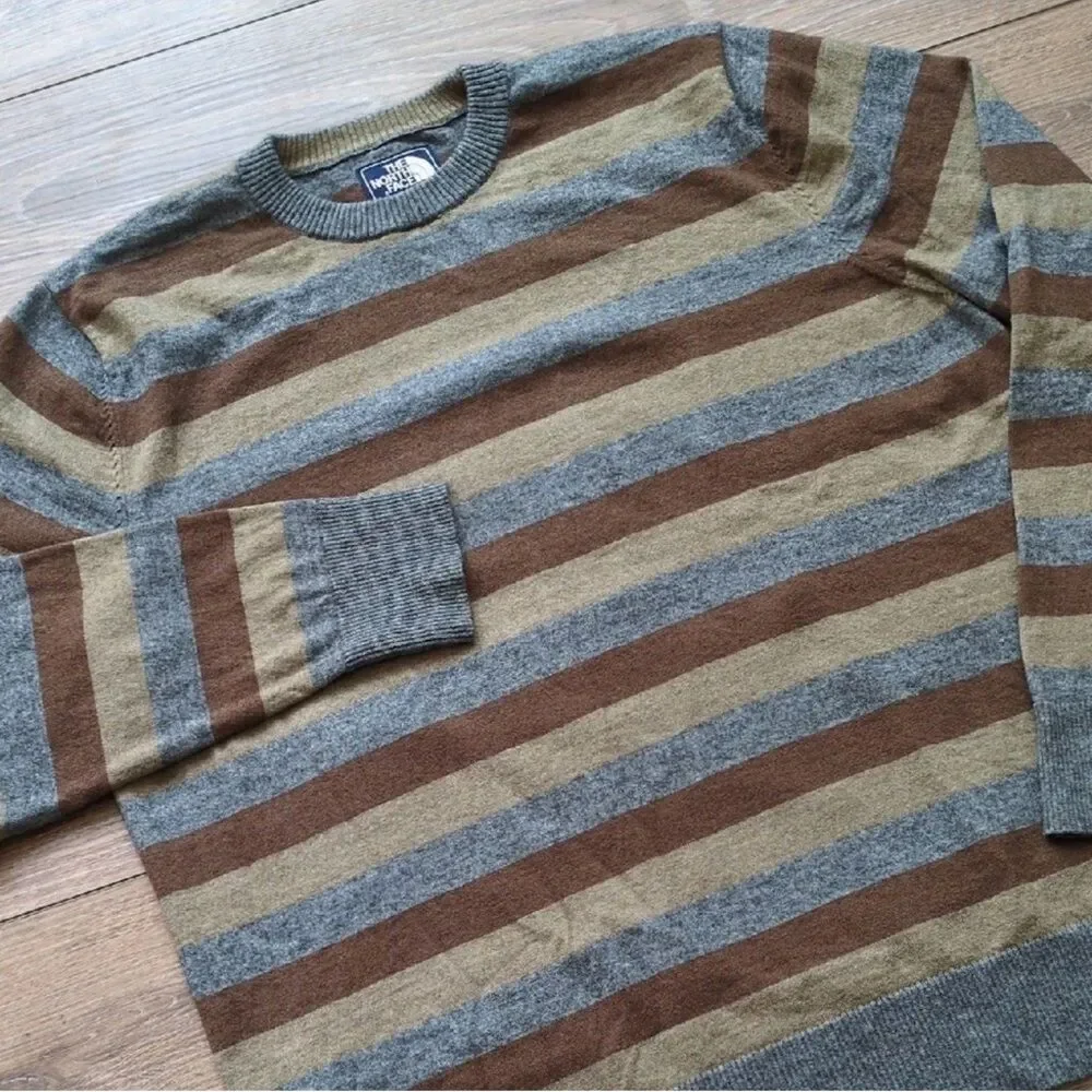 The North Face Wool Cotton Blend Long Sleeve Sweater - Stripes gray brown - L
